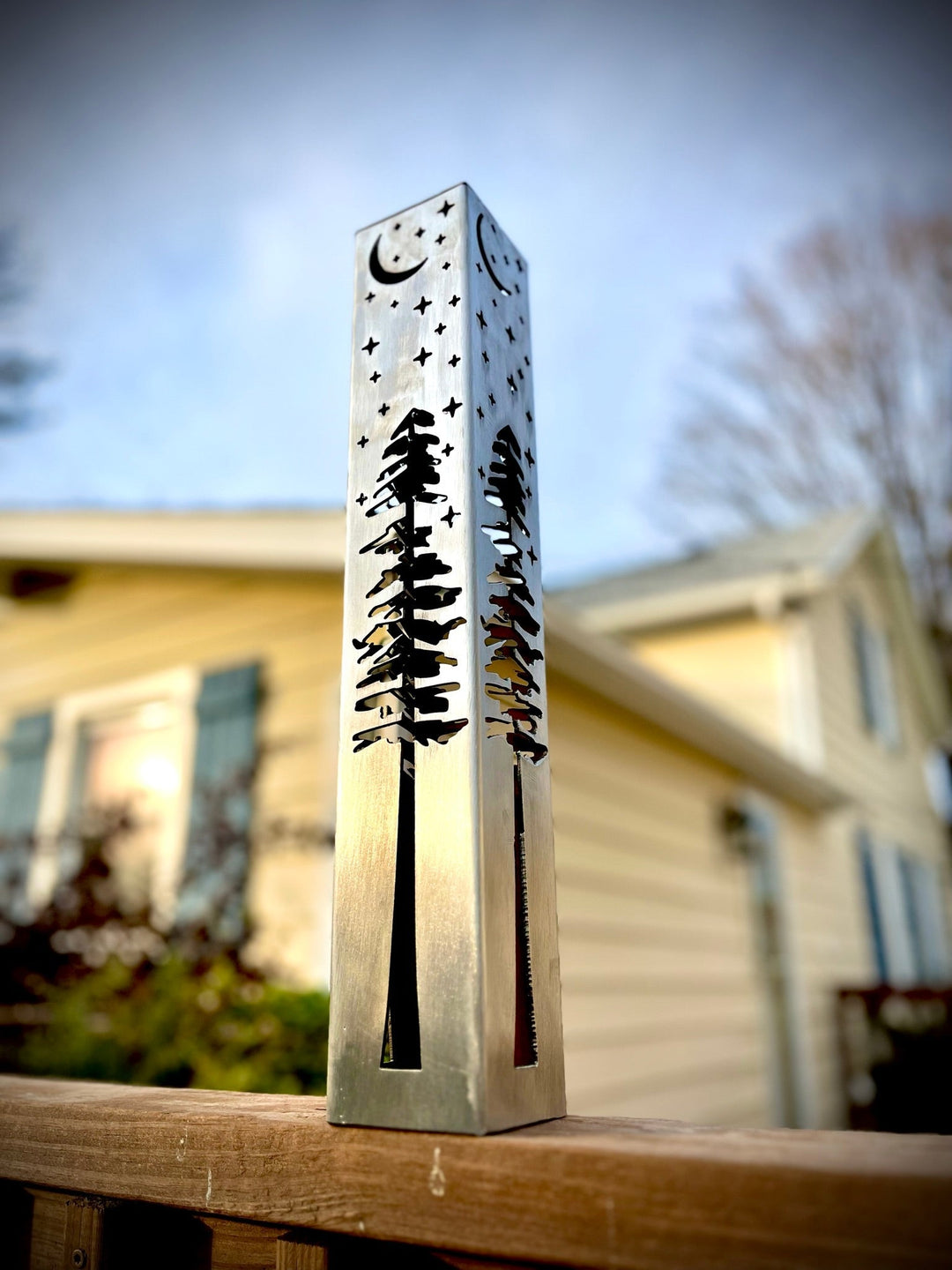 4-Sided Night Sky Pine Tree Solar Luminary Tube Light - Steel