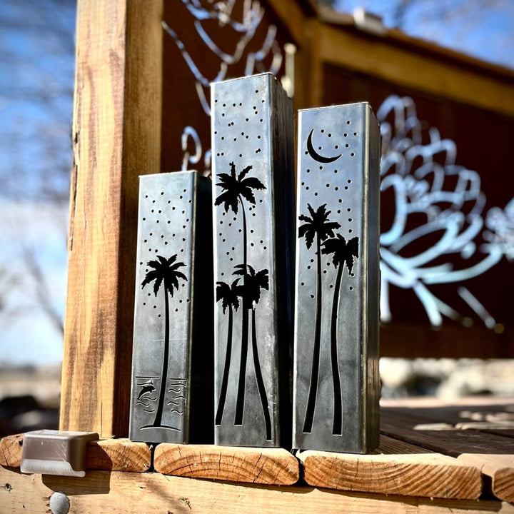 Palm Trees Under the Stars Luminary Pillars w/ Solar Cap | 12-inch, 14-inch, 16-inch
